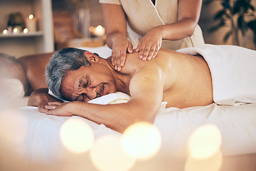 Image showing Senior man, sleeping and relax for back massage, spa treatment or body care in physical therapy at resort. Calm elderly male person relaxing or asleep on salon bed for zen, stress relief or getaway