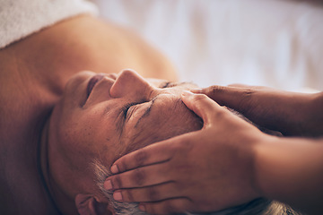 Image showing Senior woman, hands and face massage in relax for spa treatment, stress relief or body care at resort. Closeup of masseuse giving elderly female person a facial for relaxing, health and wellness