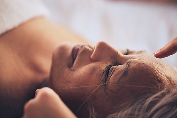 Image showing Senior woman, hands and string for grooming, hair removal or threading at beauty salon, spa or hotel resort. Closeup of female person sleeping in relax or zen for facial treatment or physical therapy