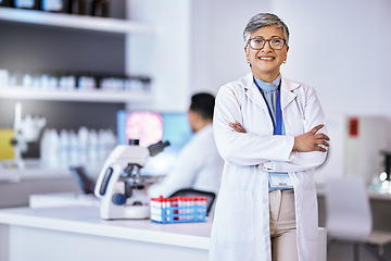 Image showing Portrait, research and senior woman with arms crossed, medical and success with lab equipment, smile and development. Female person, confident and healthcare professional with science and innovation