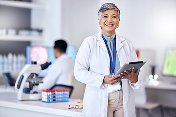 Image showing Senior scientist, woman with tablet and portrait, digital science data for medical research in lab. Biotech, female doctor with scientific experiment results and future, investigation and knowledge