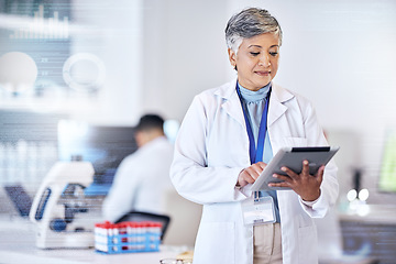 Image showing Senior scientist, woman with tablet and overlay, code with digital science data for medical research in lab. Biotech, female doctor with scientific experiment results and analytics from investigation