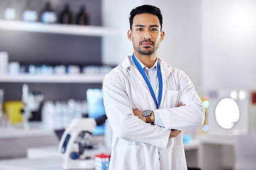 Image showing Scientist, man and arms crossed in portrait, science study for medical research in laboratory with confidence. Biotechnology, serious male doctor and scientific experiment, future and investigation