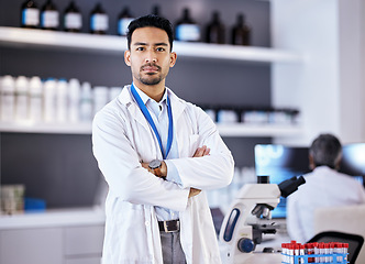 Image showing Lab, research and portrait of man scientist serious for innovation and medical vaccine development in a laboratory. Expert, focus and professional in a pharmaceutical facility with motivation