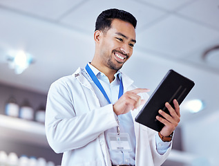 Image showing Science, tablet and man in laboratory for research, data analytics and study results. Healthcare, biotechnology and happy male scientist on digital tech for medical analysis, innovation and medicine