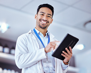 Image showing Scientist, man with tablet and smile in portrait, digital science data for medical research in lab. Biotech, male doctor with scientific experiment results and future, investigation and knowledge