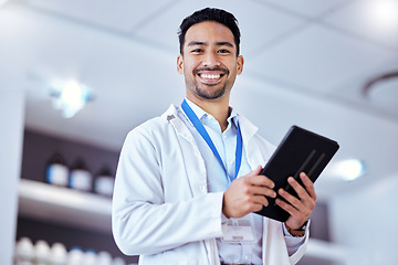 Image showing Science, tablet and portrait of man in laboratory for research, data analytics and study results. Healthcare, biotechnology and happy male scientist on digital tech for medical analysis and medicine