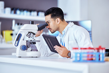 Image showing Science, microscope and man on tablet in laboratory for research, test and sample analysis. Digital tech, biotechnology and scientist with medical equipment for vaccine study, analytics and medicine