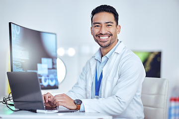Image showing Scientist, portrait and man on laptop in laboratory for medical research, innovation and data analysis. Happy asian male researcher working on computer for digital test, biotechnology and science