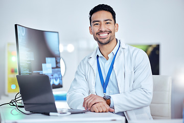 Image showing Scientist, portrait and man at laptop, smile and laboratory for medical development, innovation and online test. Happy asian male researcher working on computer data, science report and biotechnology