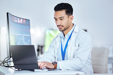 Image showing Science, asian man and typing on laptop in laboratory for medical planning, innovation and data analysis. Male researcher, scientist and focus for working on computer report, results or biotechnology
