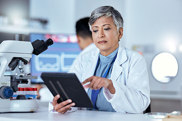 Image showing Scientist, woman or tablet in laboratory for medical development, innovation and data analysis. Mature female researcher, focus or test for digital investigation, biotechnology or science information