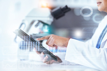 Image showing Scientist woman, tablet and hologram in laboratory with hand, chart data and 3d overlay for pharma development. Pharmaceutical expert, digital touchscreen and press for innovation in healthcare job