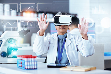 Image showing Senior scientist, woman with virtual reality and digital science data for medical research in lab with overlay. Dashboard, female doctor and experiment results and metaverse, investigation and graphs