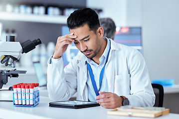 Image showing Lab scientist, tablet and worried man reading clinic news, announcement or bad healthcare report, mistake or research. Error, crisis and laboratory person stress from science, risk or experiment fail