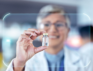 Image showing Medicine, vaccine and hologram with woman in laboratory for science, pharmacy and research. Medical, healthcare and doctor with scientist and cure in clinic for virus, treatment and antibiotics