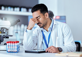 Image showing Sad scientist, headache and man depressed about clinic news, mental health problem or healthcare anxiety. Tablet error, migraine and lab person stress from science risk, pain or DNA experiment fail