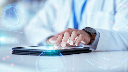 Image showing Scientist hand, tablet and hologram in laboratory with typing, chart data and 3d overlay for pharma development. Pharmaceutical person, digital touchscreen and press on holographic dashboard for info