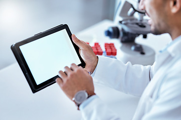 Image showing Scientist hand, tablet screen and laboratory with mockup space, typing or research on app for pharma development. Pharmaceutical expert man, digital touchscreen or search for innovation in healthcare