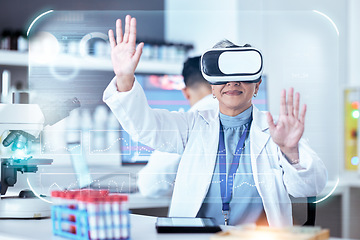 Image showing Senior scientist, woman with virtual reality and graphs, digital science data for medical research in lab with overlay. Dashboard, female doctor and experiment stats with metaverse and investigation