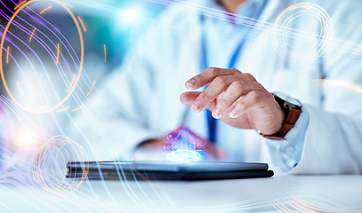 Image showing Science, hand and tablet with hologram in laboratory with typing, data and 3d human body for pharma development. Medical person, digital touchscreen and studying with holographic overlay for anatomy