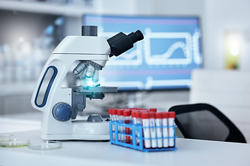 Image showing Science, blood sample and microscope in laboratory for research, DNA testing and examination. Healthcare, biotechnology and medical equipment for vaccine development, analysis and medicine discovery