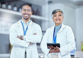 Image showing Science, tablet and portrait of a team of scientists standing with confidence in laboratory. Happy, medical and scientific researchers with digital technology working on biology project or experiment