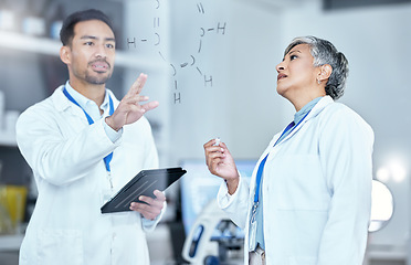 Image showing Planning, board and team of scientists with a tablet standing and working on pharmaceutical innovation. Brainstorming, teamwork and researchers with digital technology for research on medical project