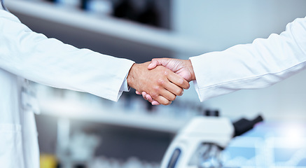 Image showing Handshake, partnership and laboratory scientist, people or team work, collaboration and cooperation on science. Welcome, thank you and partner handshake for healthcare trust, agreement or onboarding