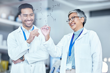 Image showing Science, happy and scientists planning on board for chemistry innovation in collaboration. Pharmaceutical, medical and scientific researchers working on project, research or experiment in laboratory.