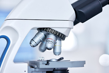 Image showing Microscope, science and medical with research, technology and sample with testing, cure and diagnosis. Lab equipment, tools and studying bacteria with healthcare, analytics and scientific experiment