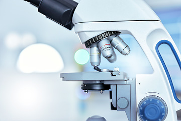 Image showing Microscope, science and medical with research, analysis and sample with testing, cure and diagnosis. Lab equipment, tools and studying bacteria with healthcare innovation, lens and virus experiment