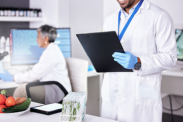 Image showing Clipboard, laboratory and scientist people with food test, healthcare and agriculture research, checklist and data. Vegetables, growth and sustainability of science doctor, medical safety and quality