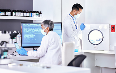 Image showing Covid lab, research and employees with technology for science with mockup tablet and computer. Innovation, digital and scientist team with tech for medical information and analysis on a pc together
