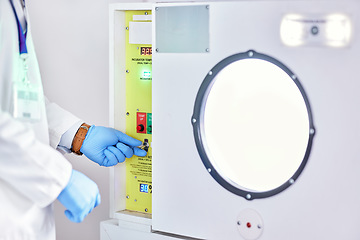 Image showing Laboratory, test and hands on button on machine for science research, experiment or innovation. Lab, scientist hand with glove and exam safety in technology for medical engineering and manufacturing.