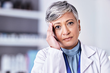 Image showing Scientist portrait, headache and senior woman depressed about clinic mistake mental health problem or healthcare anxiety. Face, migraine pain and lab person stress from science risk, burnout or fail