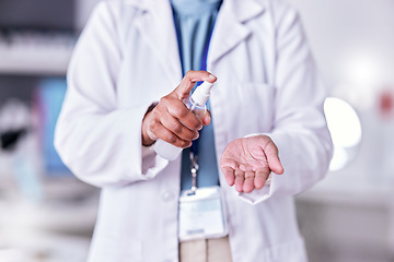 Image showing Scientist, hands and spray, sanitizer and hygiene with medical research and person cleaning palm in lab. Doctor, safety from bacteria and virus with health, protection and chemical disinfectant