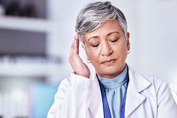 Image showing Laboratory scientist, headache or senior woman face with depression over clinic mistake, mental health crisis or anxiety. Pain, migraine or elderly lab person tired after science risk, stress or fail