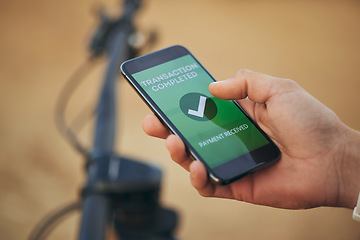 Image showing Hands, phone screen and payment notification for transaction, ecommerce or banking outdoor. Fintech, smartphone and person on app for online shopping, internet sales or check mark for digital finance