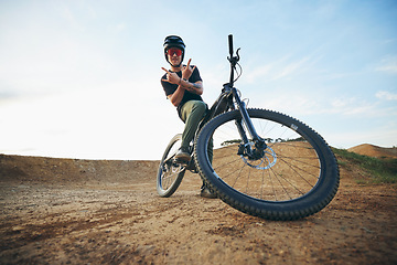 Image showing Mountain bike, portrait and with man shaka hand sign on path for extreme sports, happiness and excited mockup. Dirt biking, bicycle and person on trail, track or road space for cycling trick athlete.