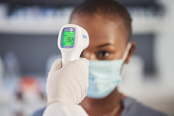 Image showing Digital thermometer, health and check temperature, closeup with doctor hand and patient, technology and medical screening. Healthcare, trust and safety compliance, consultation and people in clinic