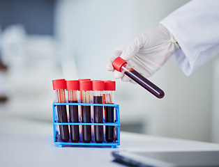 Image showing Science, blood and hands with test tube in laboratory for research, medical process and healthcare analysis. Closeup, scientist and bottle with red sample for dna experiment, rna and genetics results