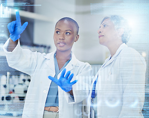 Image showing Scientist, women with code and digital information with medical research data results with overlay in lab. Female doctor team, discussion and review science analytics with scientific graphs and chart