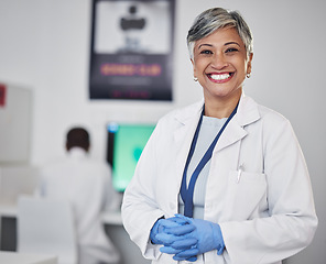 Image showing Senior scientist, woman and smile in portrait, medical research and science study in laboratory with confidence. Female doctor, pathology or biotechnology, scientific experiment and investigation