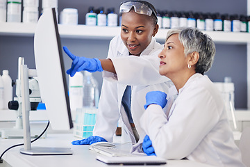 Image showing Scientist, team and women in lab, computer with digital science experiment results and medical research data online. Female doctors, collaboration and chemistry, review study information and biotech