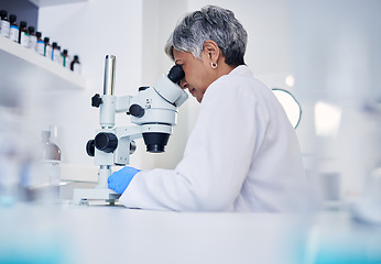 Image showing Senior, scientist and woman, microscope and analysis of data with medical research and science study in lab. Future, knowledge and investigation, female doctor and check DNA sample with assessment