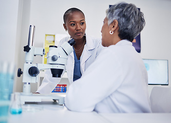 Image showing Women, science and discussion of team at microscope for research, medical analysis and biotechnology in laboratory. Black woman listening to scientist for microbiology investigation, dna test or plan