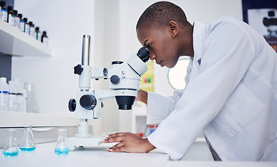 Image showing Senior, scientist and black woman, microscope and analysis of data, medical research and science study in lab. Future, knowledge and investigation, female doctor and check DNA sample with chemistry