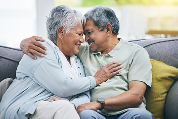 Image showing Couch, love and senior couple faces together on a sofa bonding as care, playing and relax to enjoy retirement in a home. Happy, solidarity and elderly people, man and woman with trust in marriage