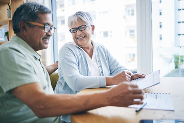 Image showing Happy, old couple and financial planning with documents in home for pension, savings or tax. Elderly, man and woman smile with budget, investment and mortgage paperwork for insurance in retirement.